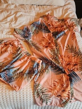 Peach Tropical Palm Print Beach Coverup  Set 2xl